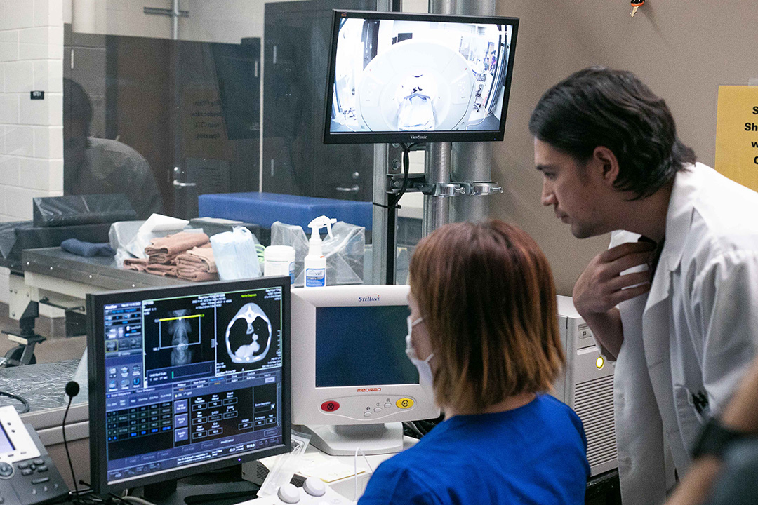 Clinical team members review visuals during a computed tomography scan