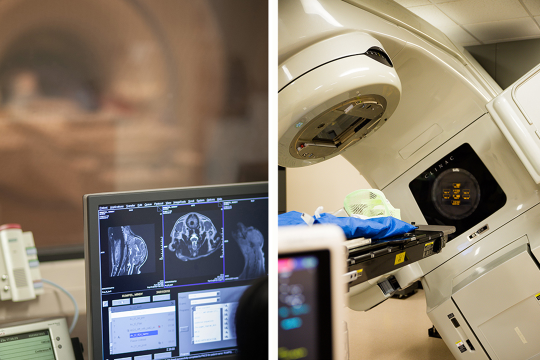 Photos of linear accelerator and small animal MRI
