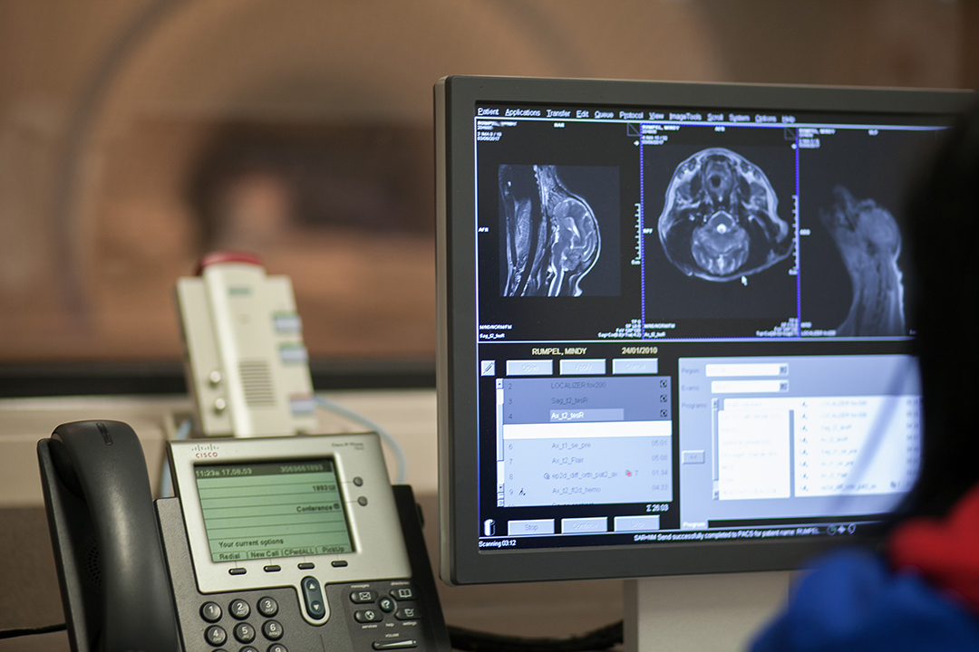 Technician looks at a computer screen showing an MRI scan with MRI in background