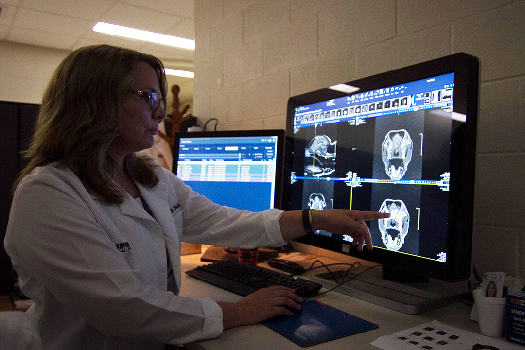 Medical imaging specialist looks at MRI scans on a computer monitor in a darkened room.